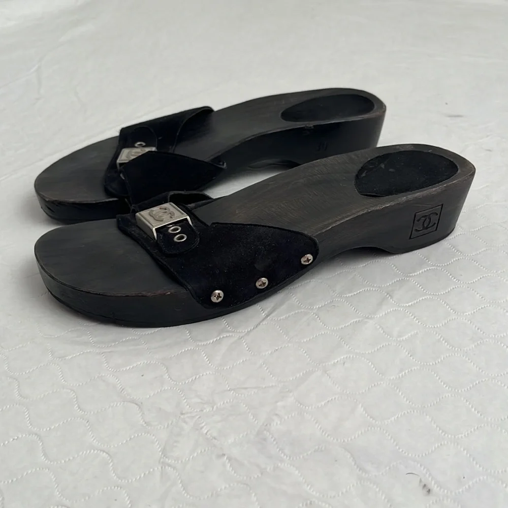 Chanel 2000s black wood slide logo sandals